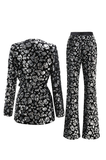 Black Sequin Slim Fit 2 Piece Women's Prom Suit with Sash